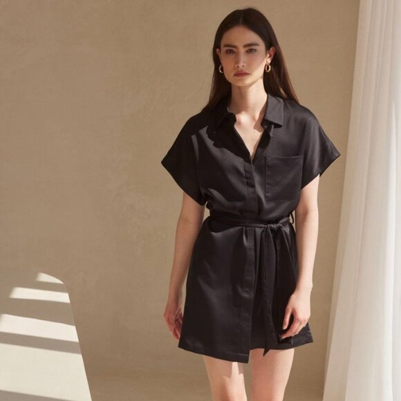 Dynamite Belted Satin Shirt Dress - Picture 1 of 6